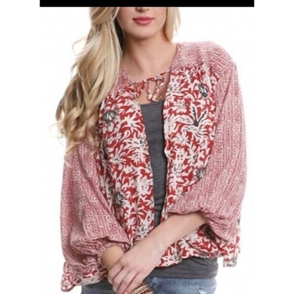 Free People Sheila's Floral Kimono Lace Tie Open Blouse - Picture 2 of 9